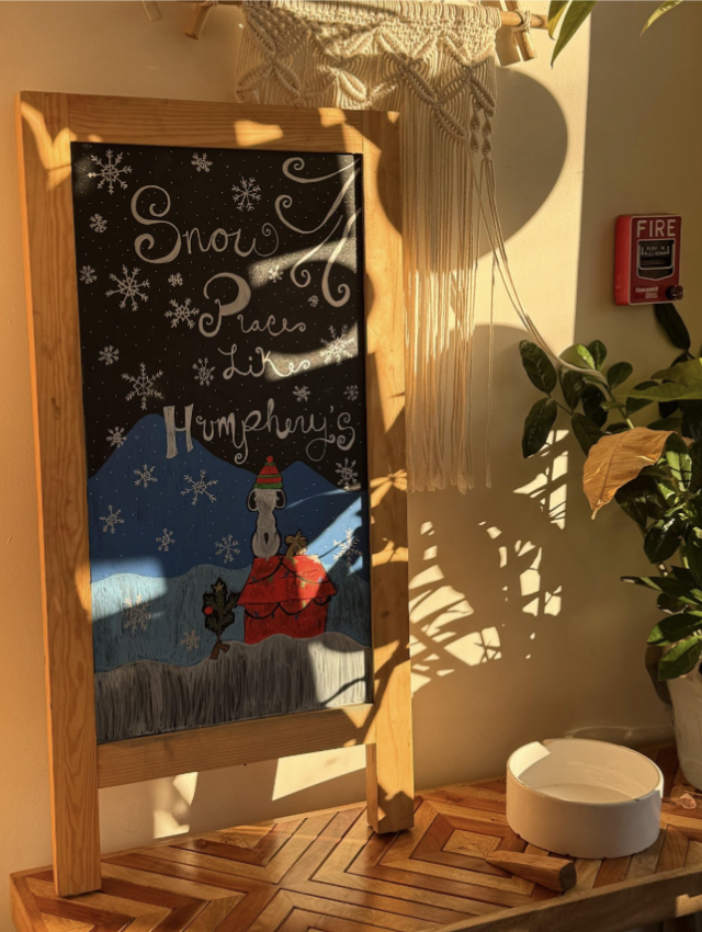 Seasonal welcome sign in Humphreys Coffee.