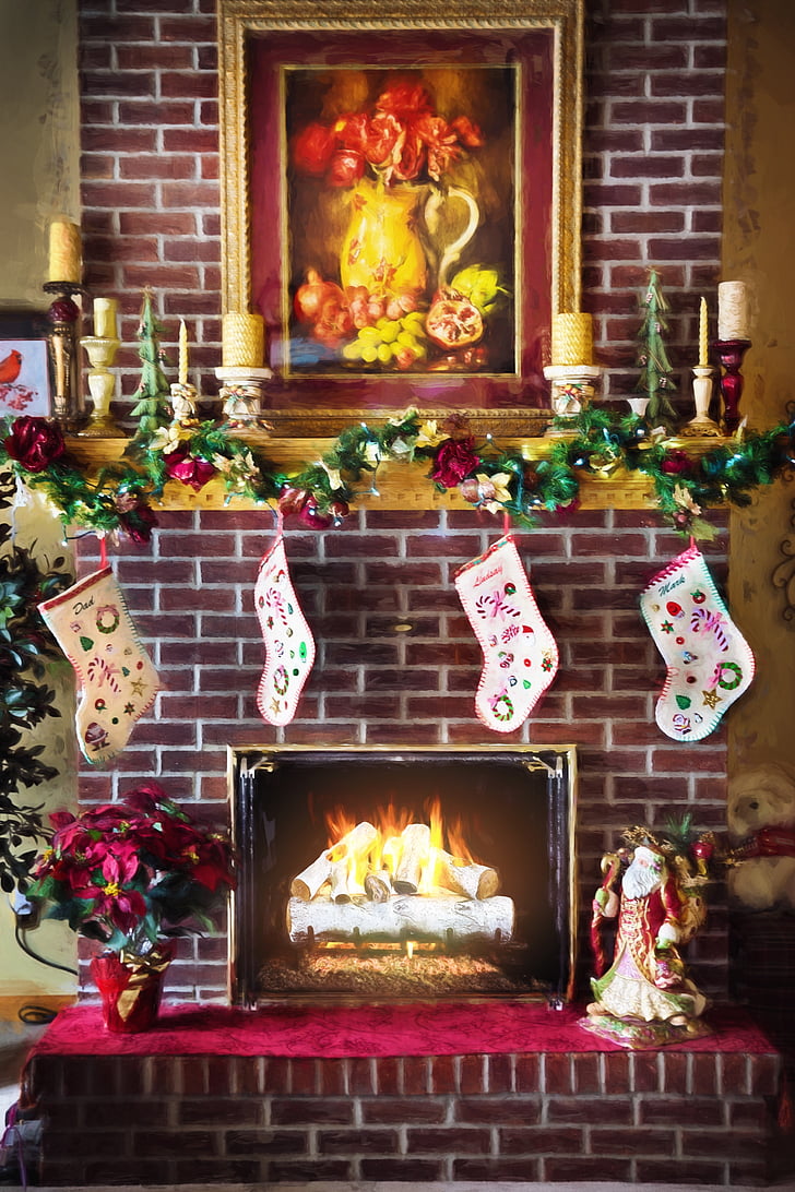 Fireplace decorated for Christmas