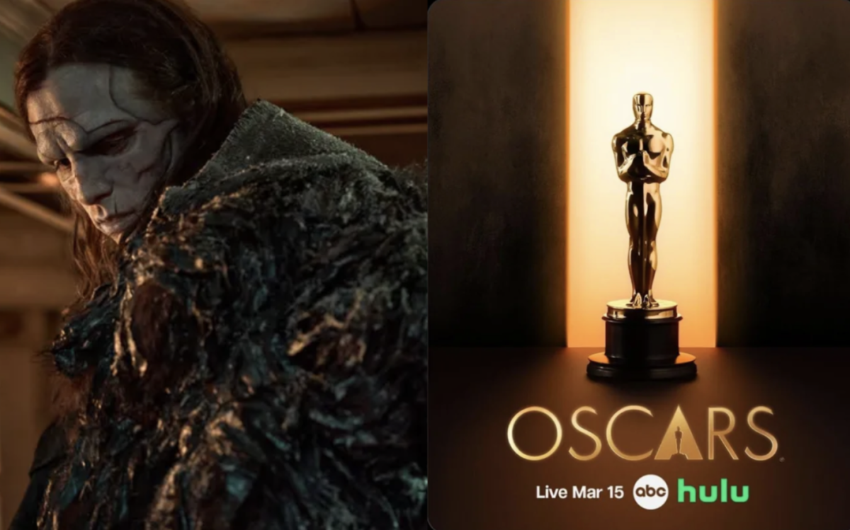 A frame from “Frankenstein” next to an Oscars poster.