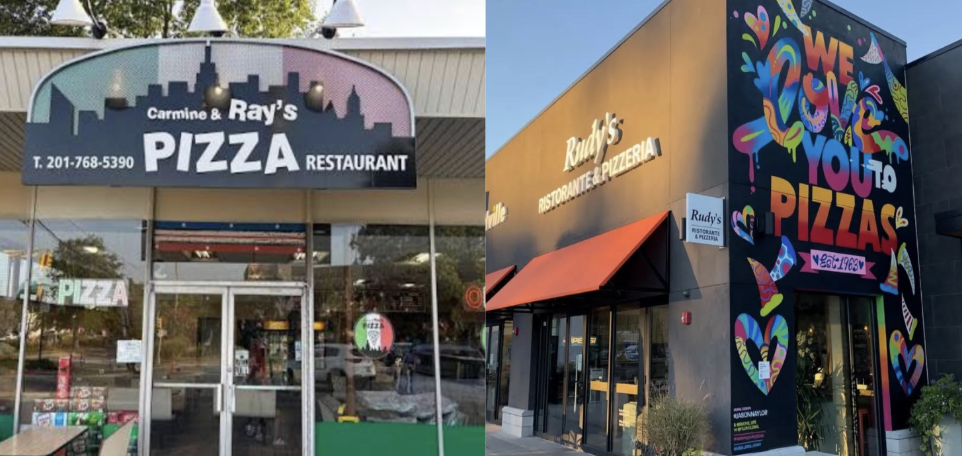 A side to side picture of Ray’s Pizza and Rudy’s Pizza. 