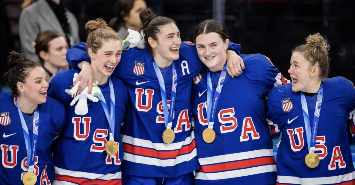 USA women’s hockey team after winning the Olympic gold medal on February 19, 2026.